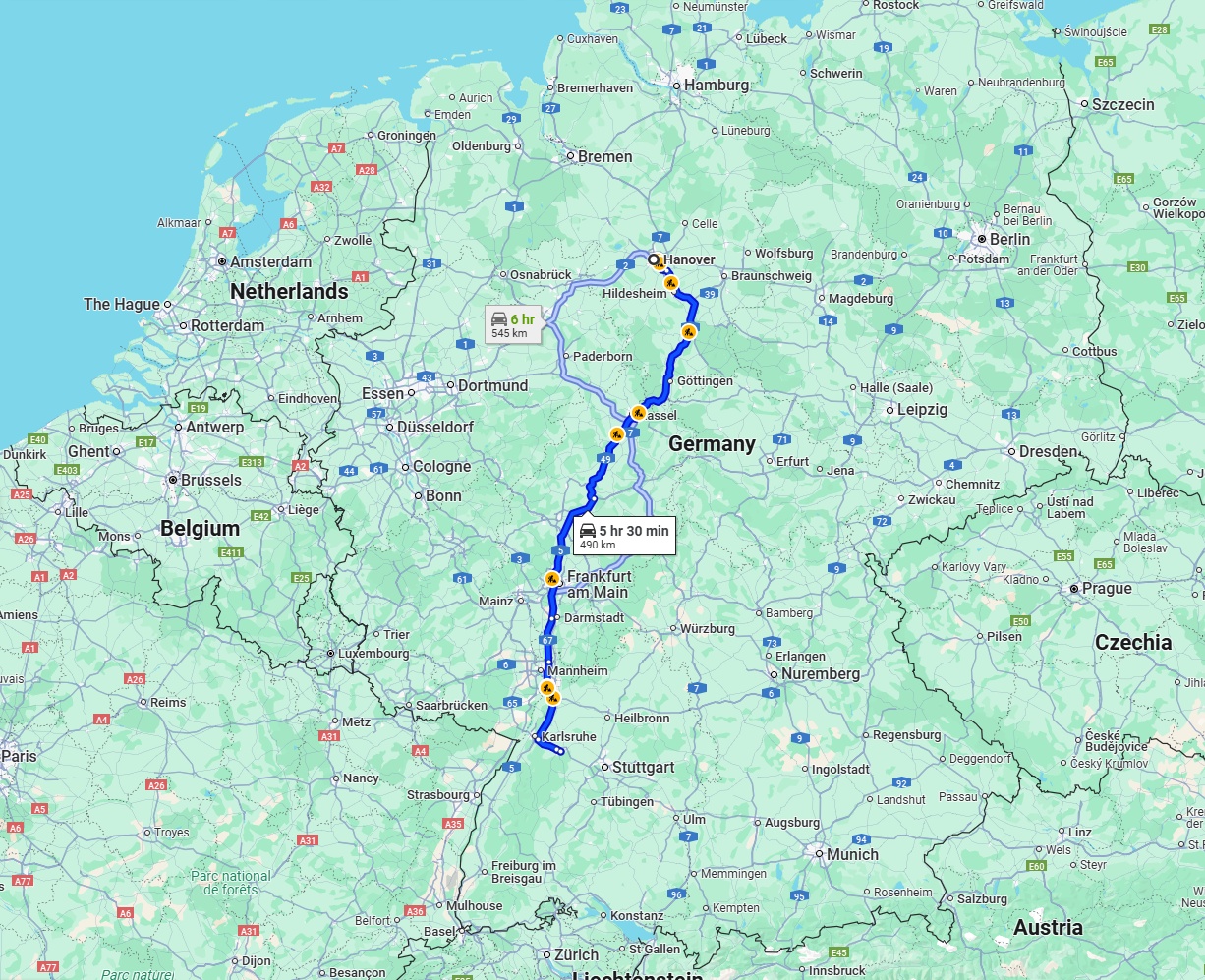 Anreise von Hannover Zu Pforzheim Über via A7 and A5