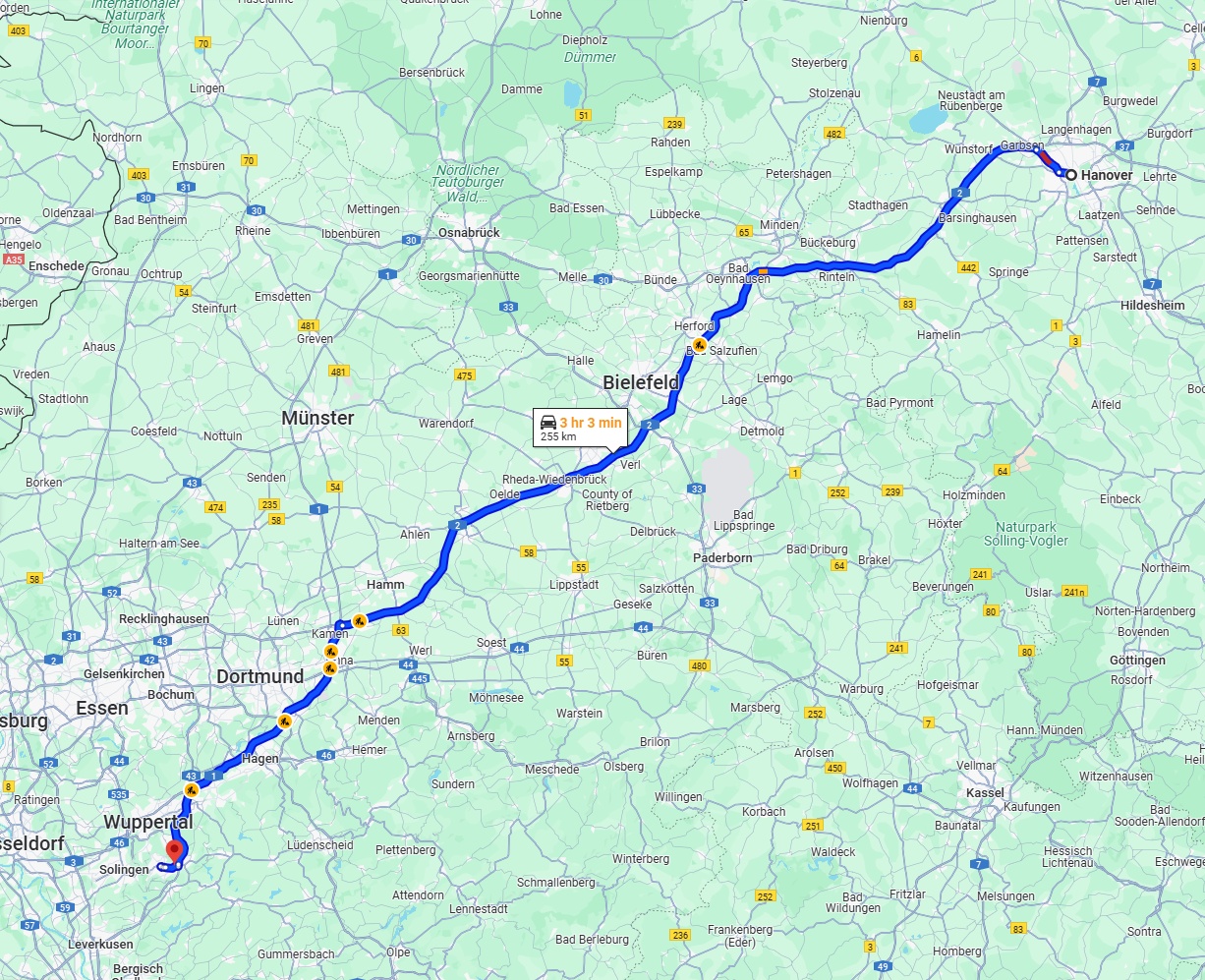 Anreise von Hannover Zu Remscheid Über via A2