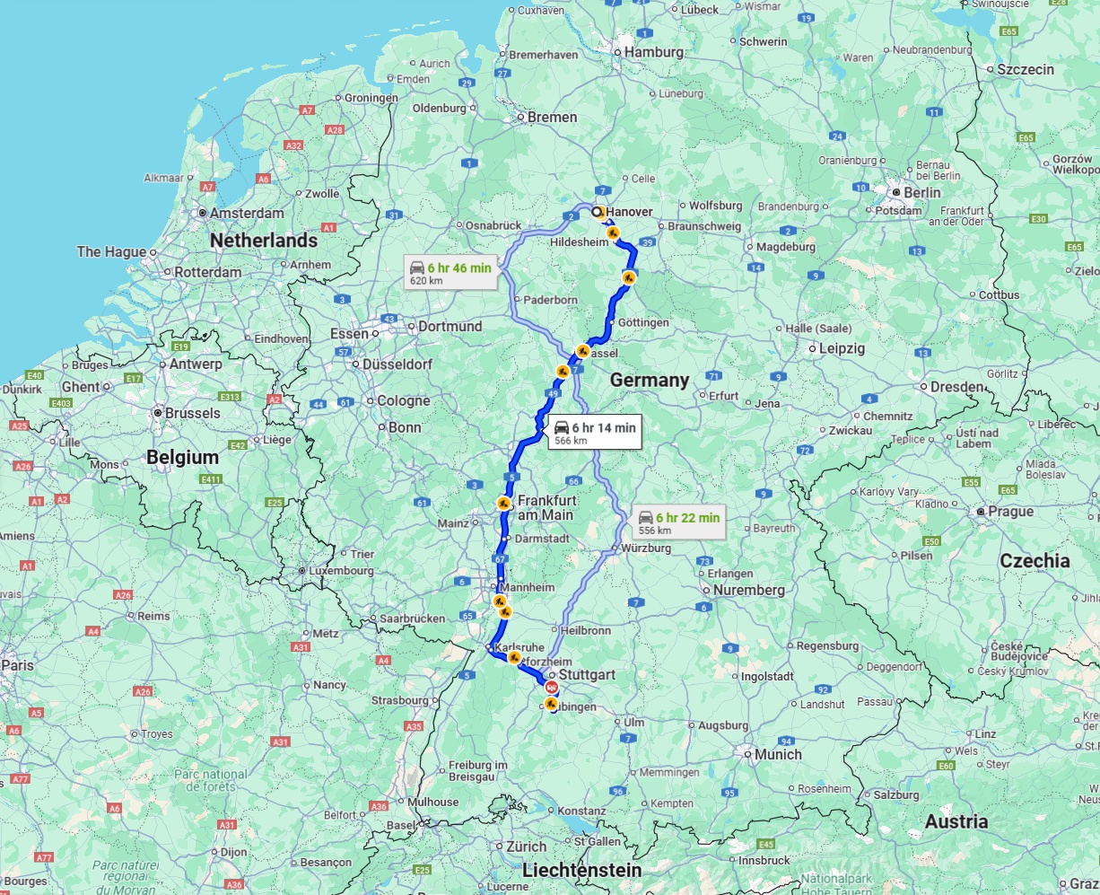 Anreise von Hannover Zu Reutlingen Über via A7 and A5