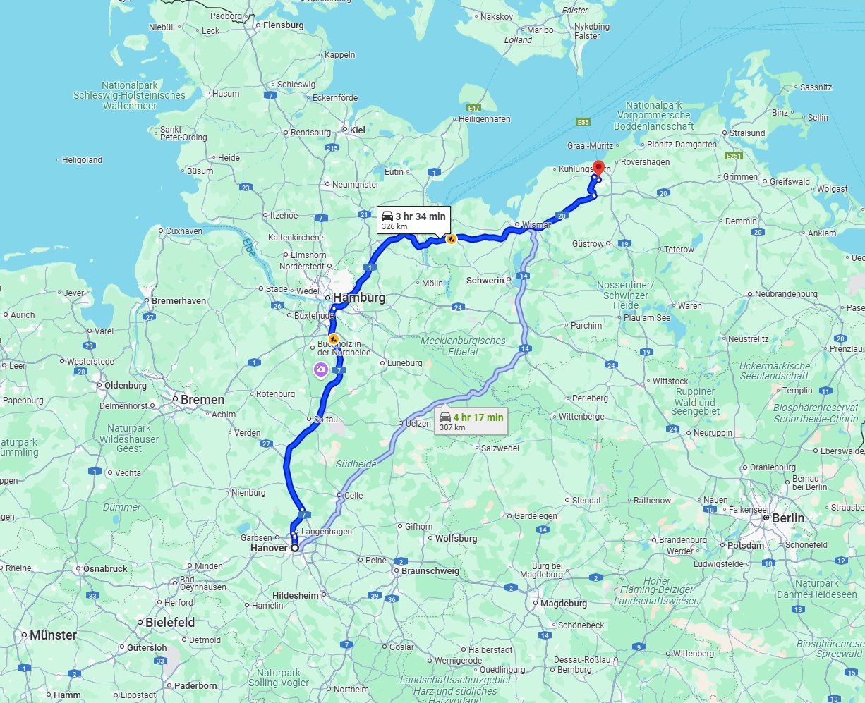 Anreise von Hannover Zu Rostock Über via A7 and A20