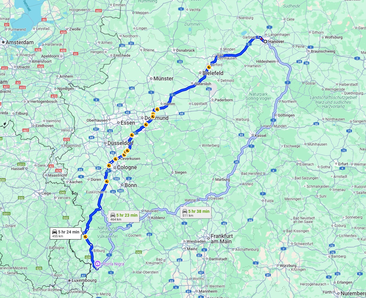 Anreise von Hannover Zu Trier Über via A2 and A1