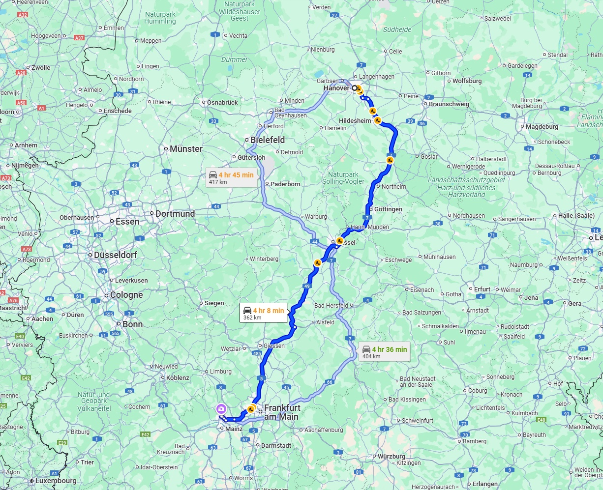 Anreise von Hannover Zu Wiesbaden Über via A7