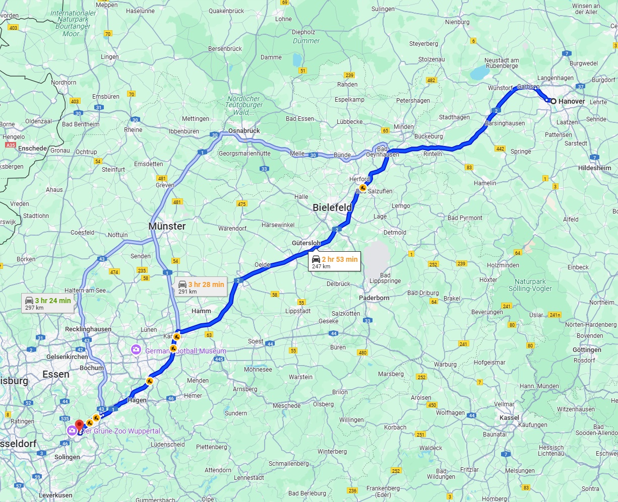 Anreise von Hannover Zu Wuppertal Über via A2