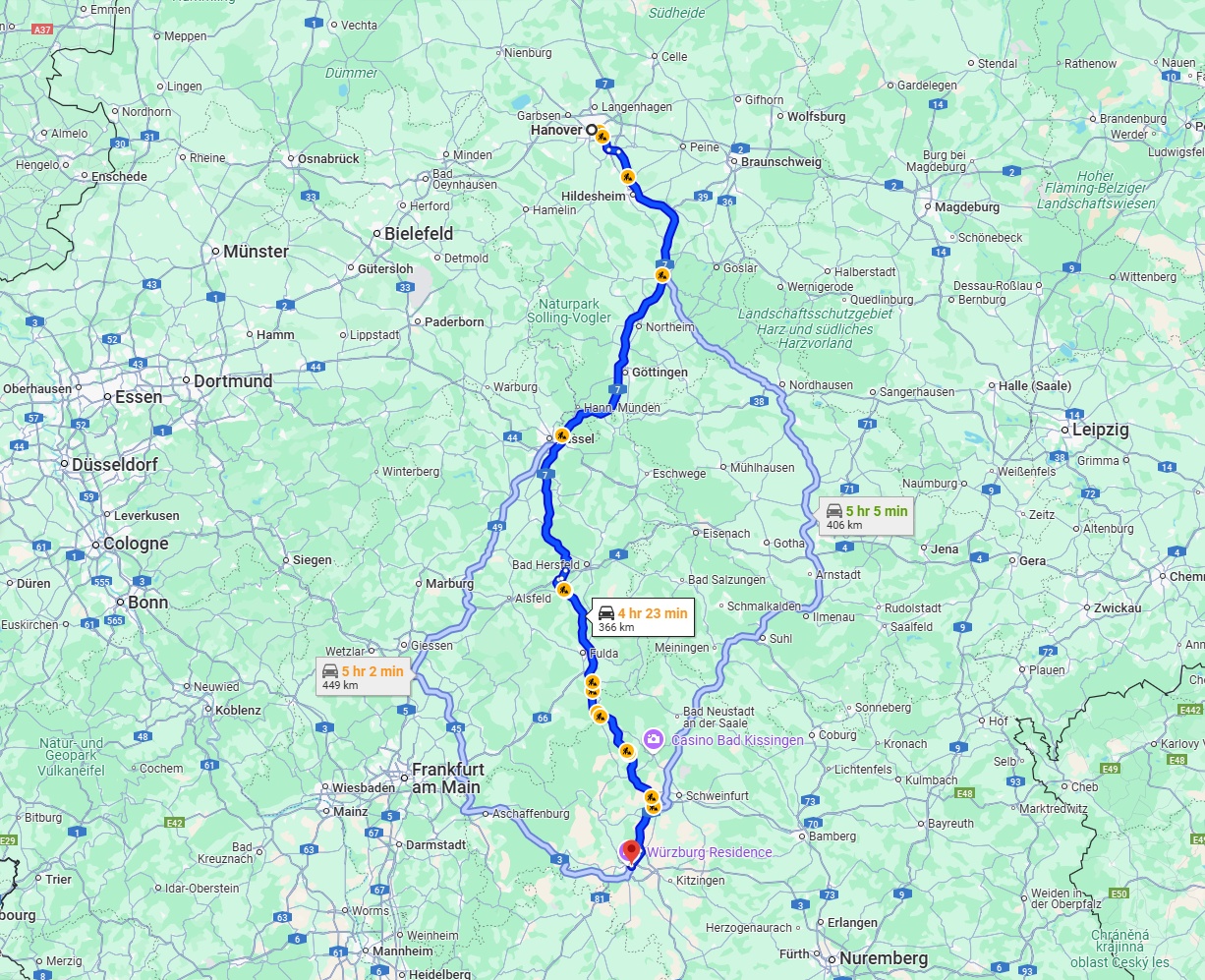 Anreise von Hannover Zu Würzburg Über via A7