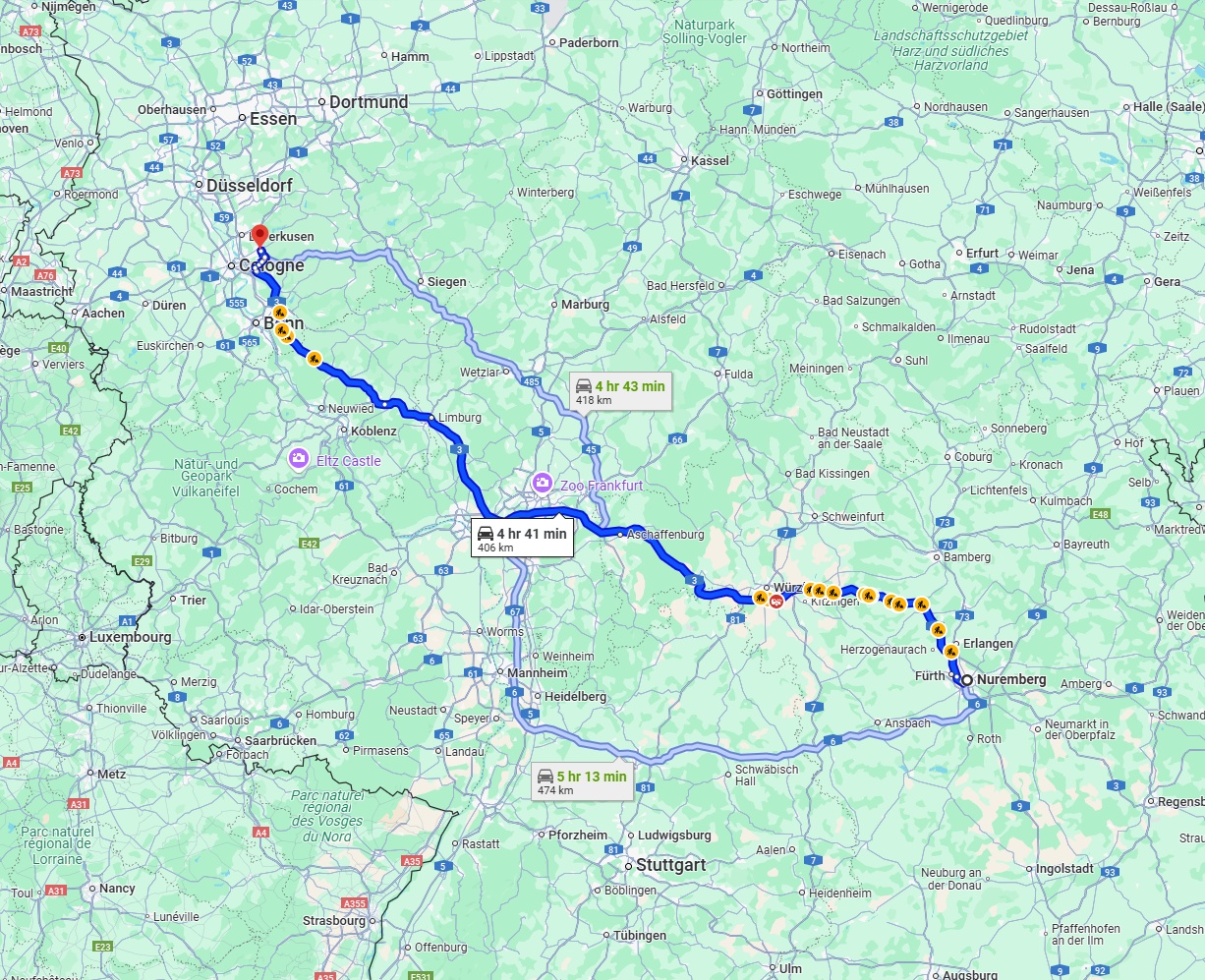 Anreise von Nürnberg Zu Bergisch Gladbach Über via A3