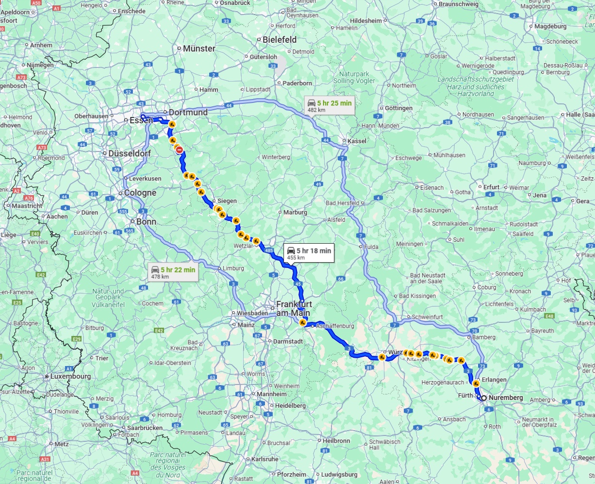 Anreise von Nürnberg Zu Bochum Über via A3 and A45