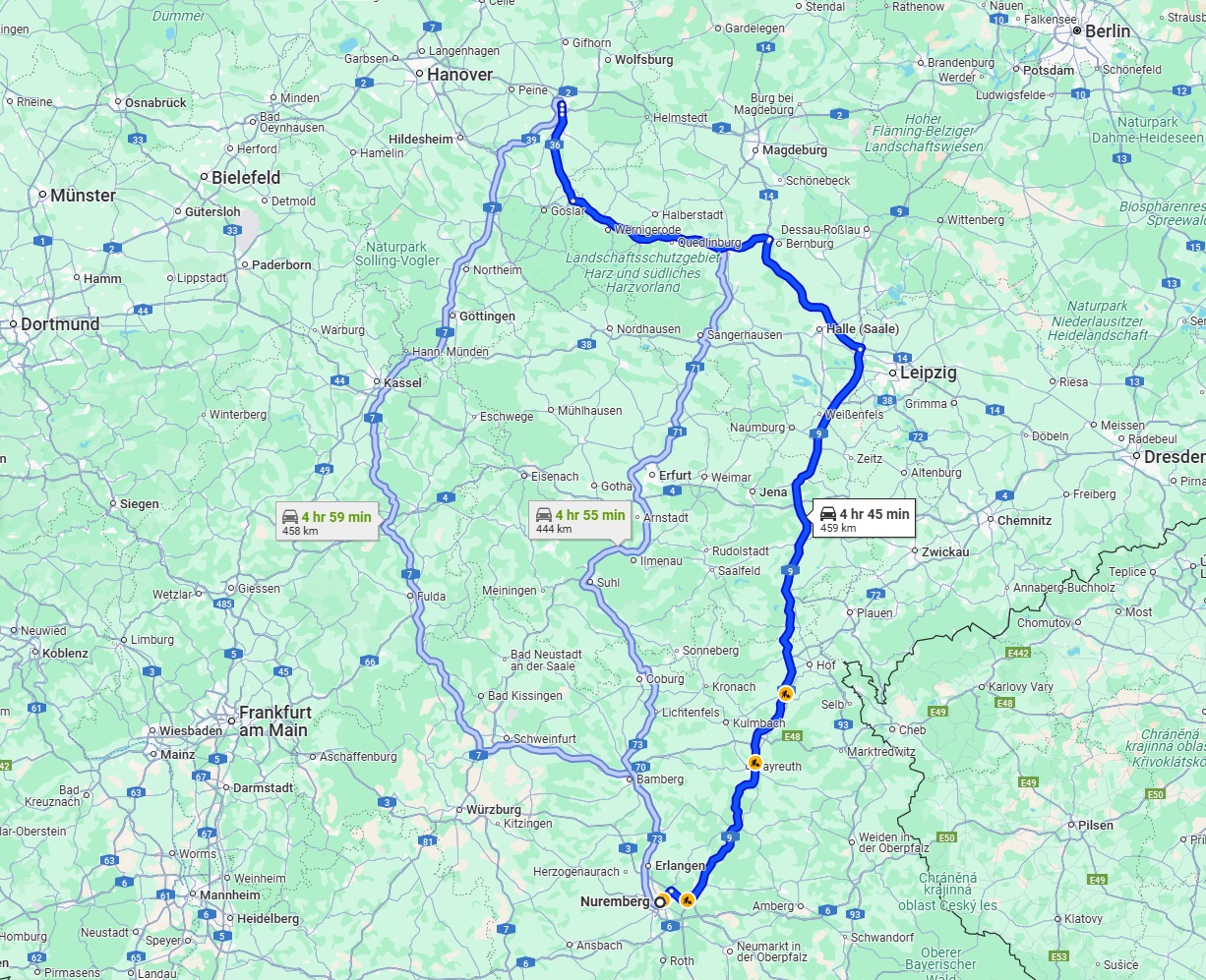 Anreise von Nürnberg Zu Braunschweig Über via A9 and A36