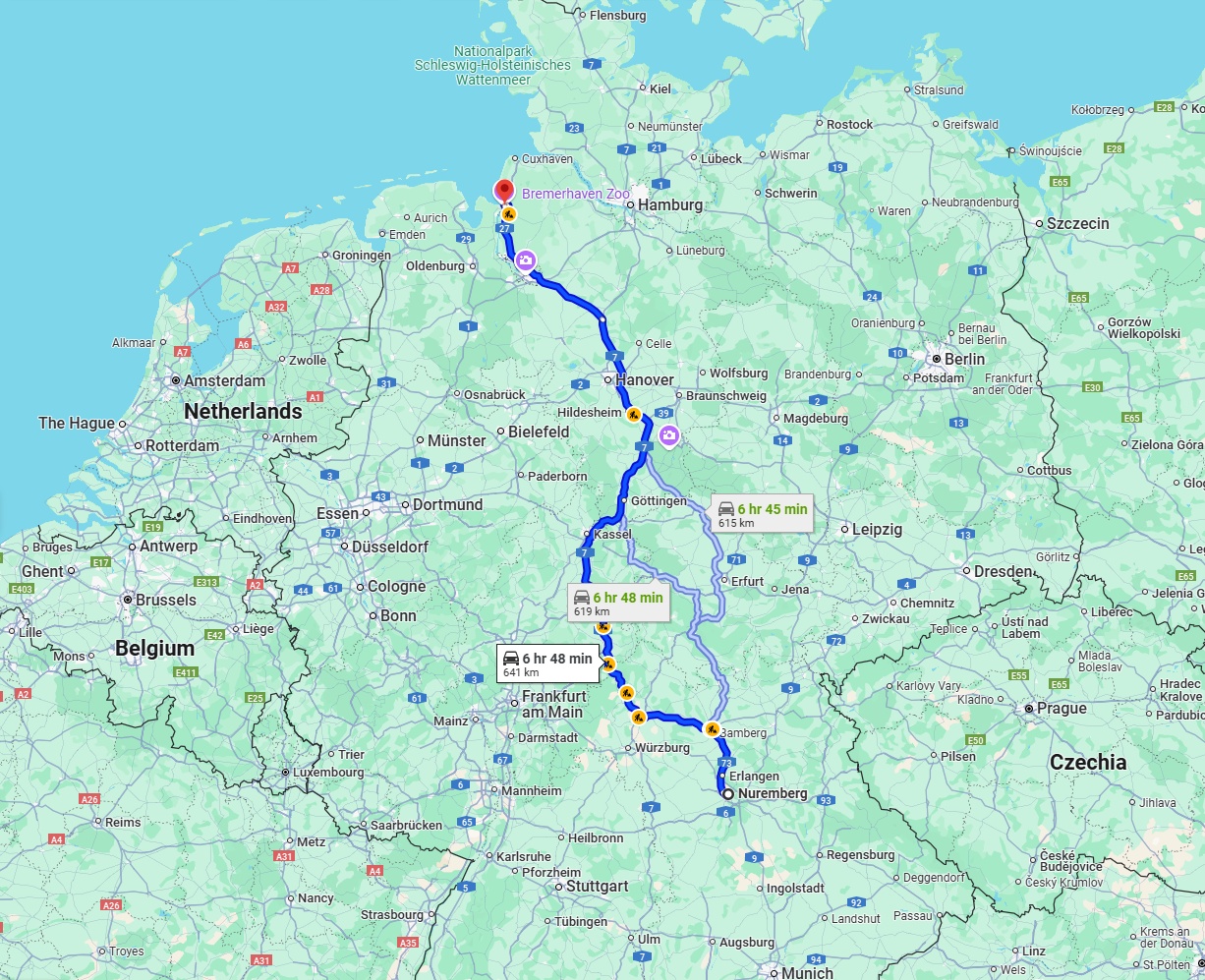 Anreise von Nürnberg Zu Bremerhaven Über via A7