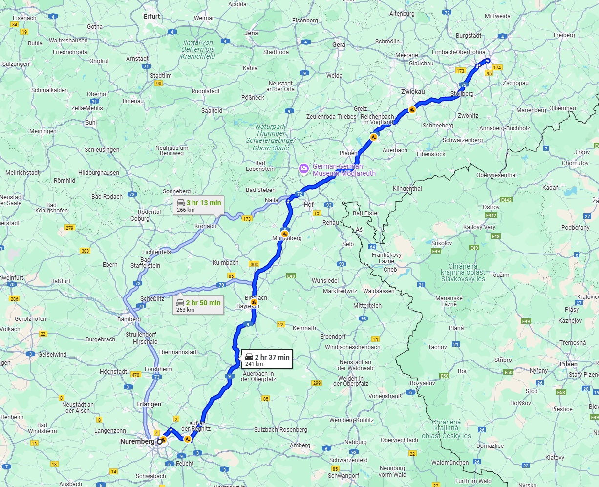 Anreise von Nürnberg Zu Chemnitz Über via A9 and A72