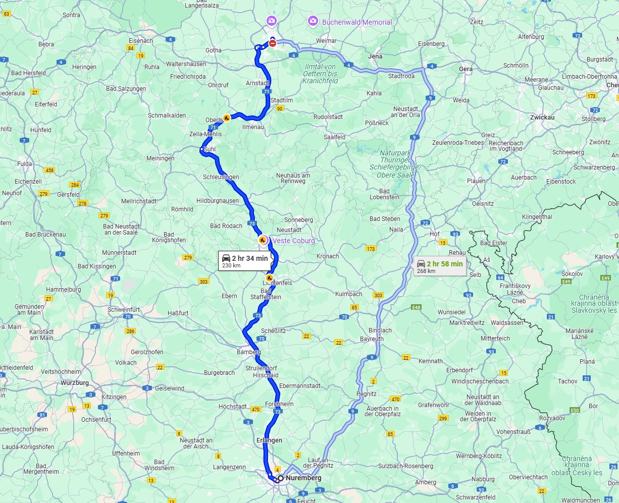 Anreise von Nürnberg Zu Erfurt Über via A73 and A71
