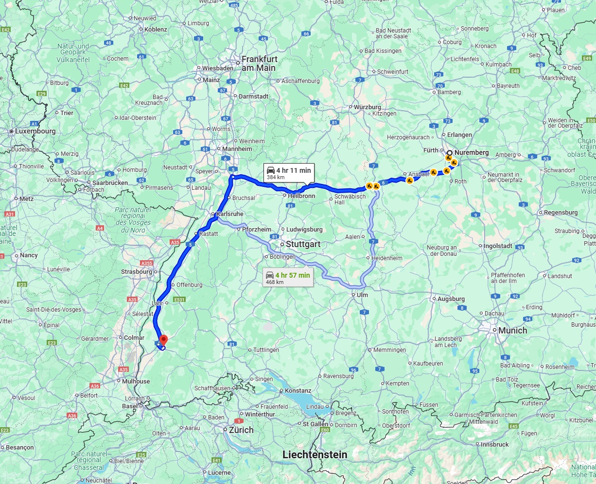 Anreise von Nürnberg Zu Freiburg im Breisgau Über via A6 and A5