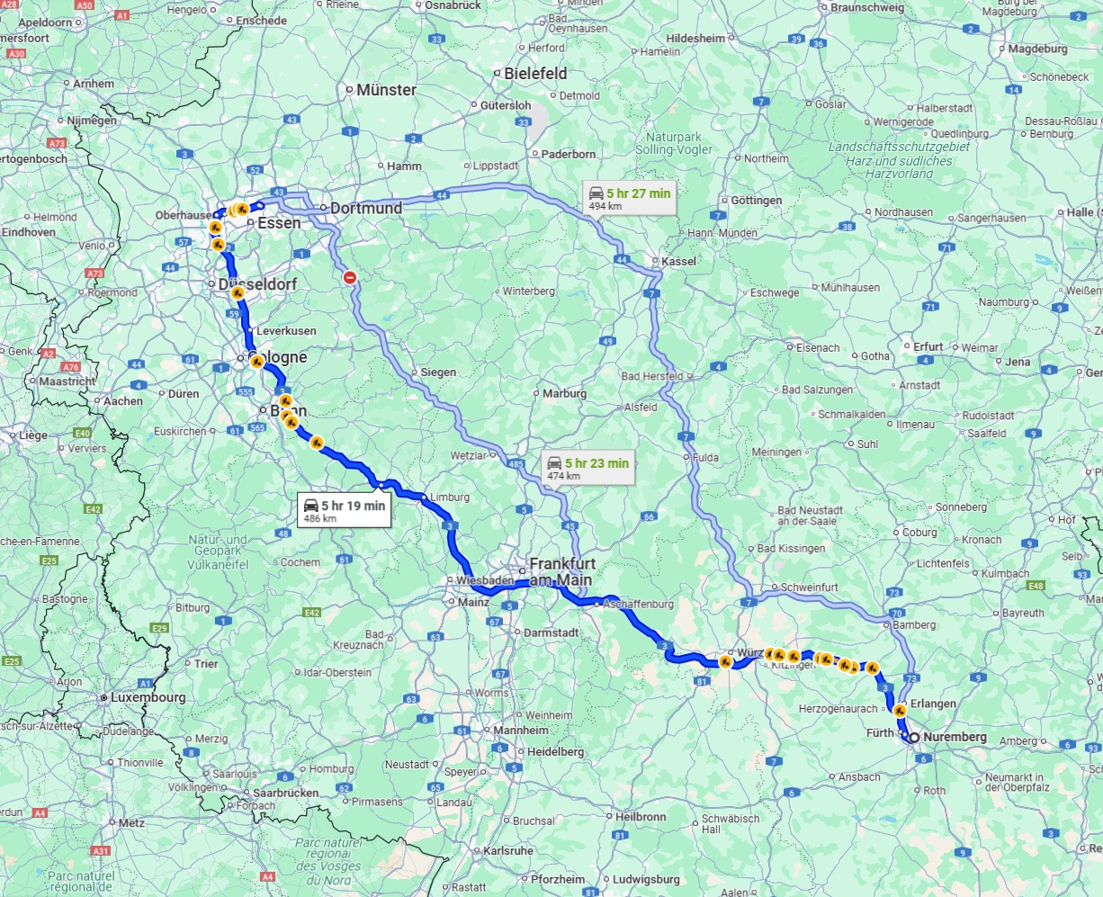 Anreise von Nürnberg Zu Gelsenkirchen Über via A3