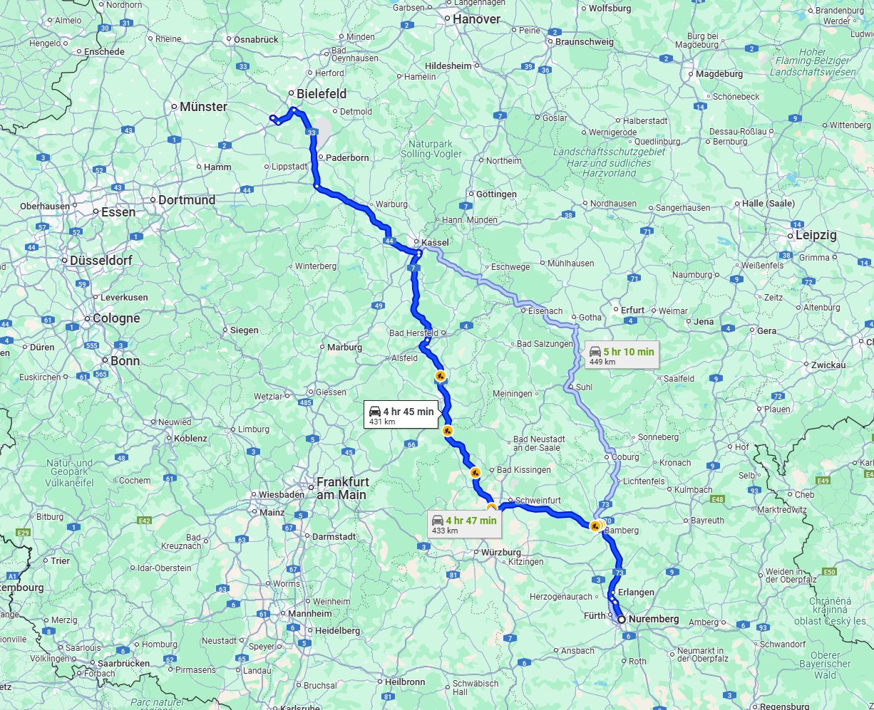 Anreise von Nürnberg Zu Gütersloh Über via A7