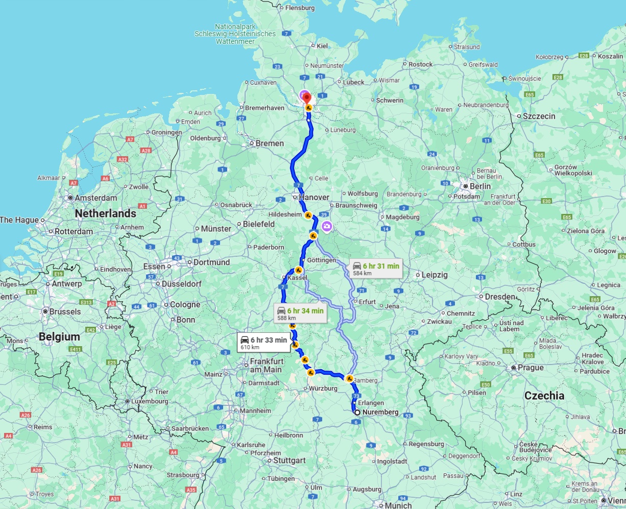 Anreise von Nürnberg Zu Hamburg Über via A7