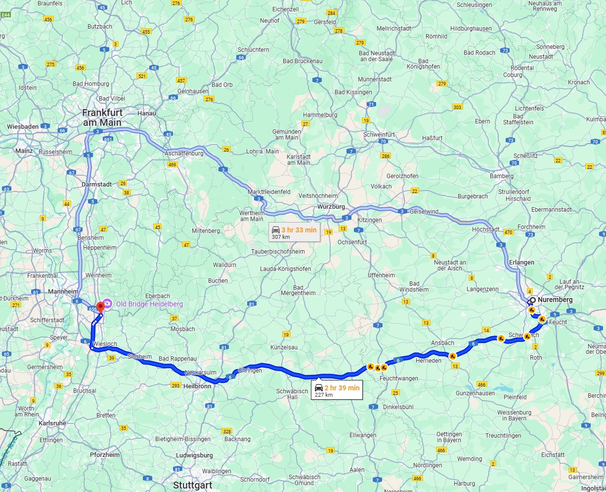 Anreise von Nürnberg Zu Heidelberg Über via A6