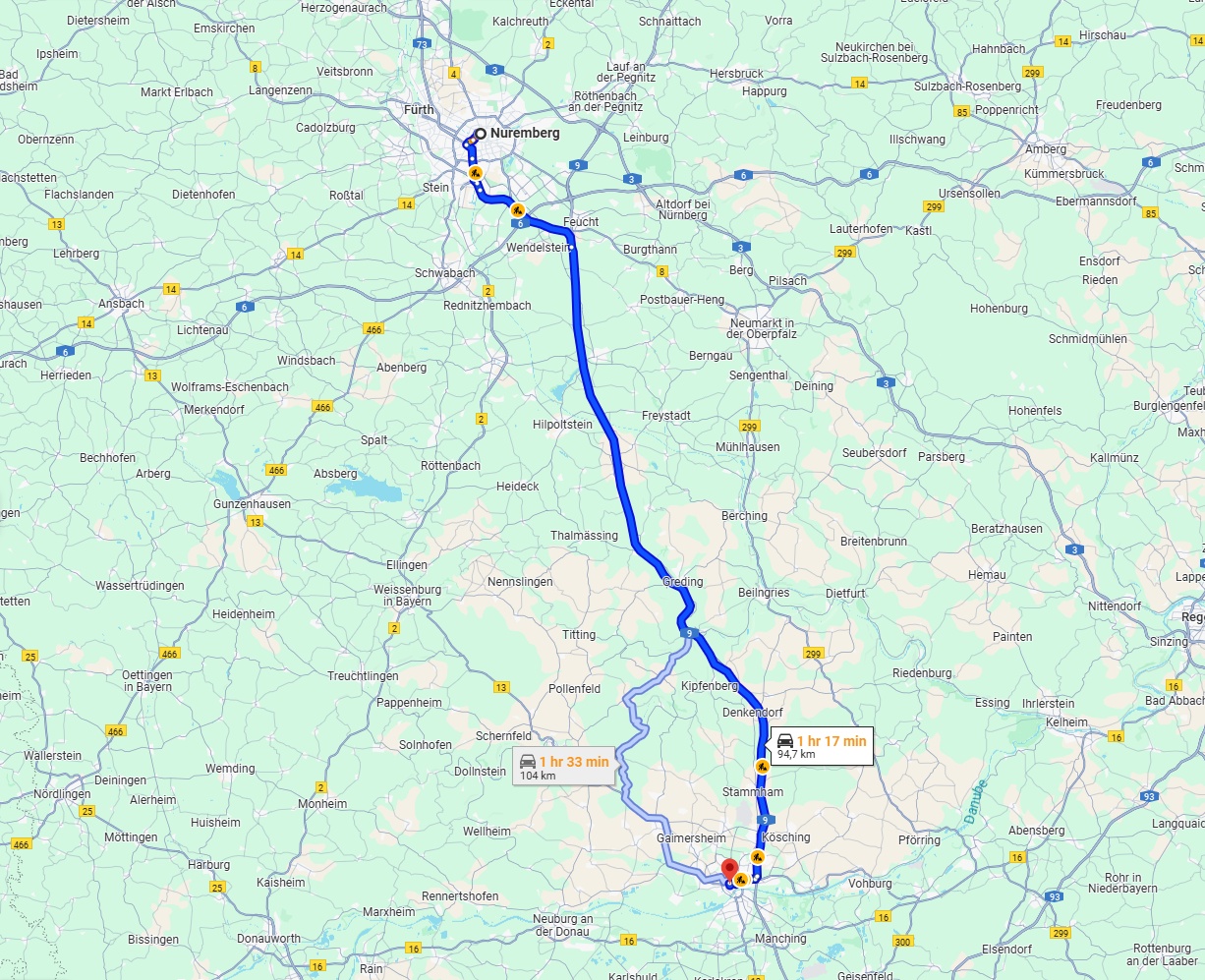 Anreise von Nürnberg Zu Ingolstadt Über via A9