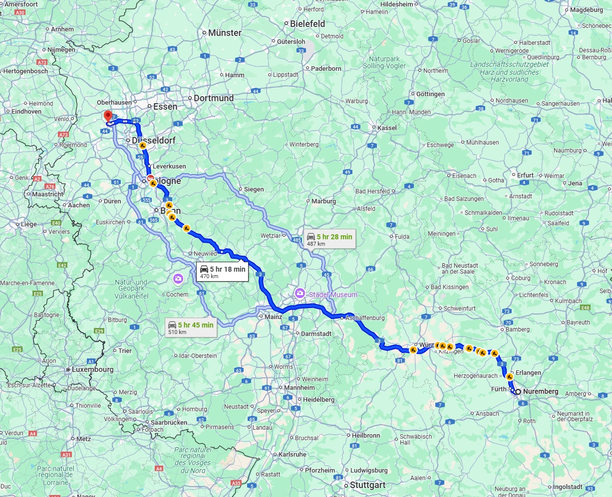 Anreise von Nürnberg Zu Krefeld Über via A3