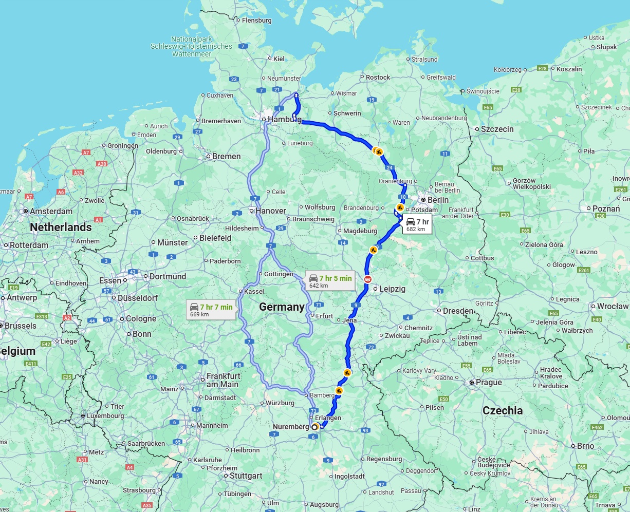Anreise von Nürnberg Zu Lübeck Über via A9 and A24