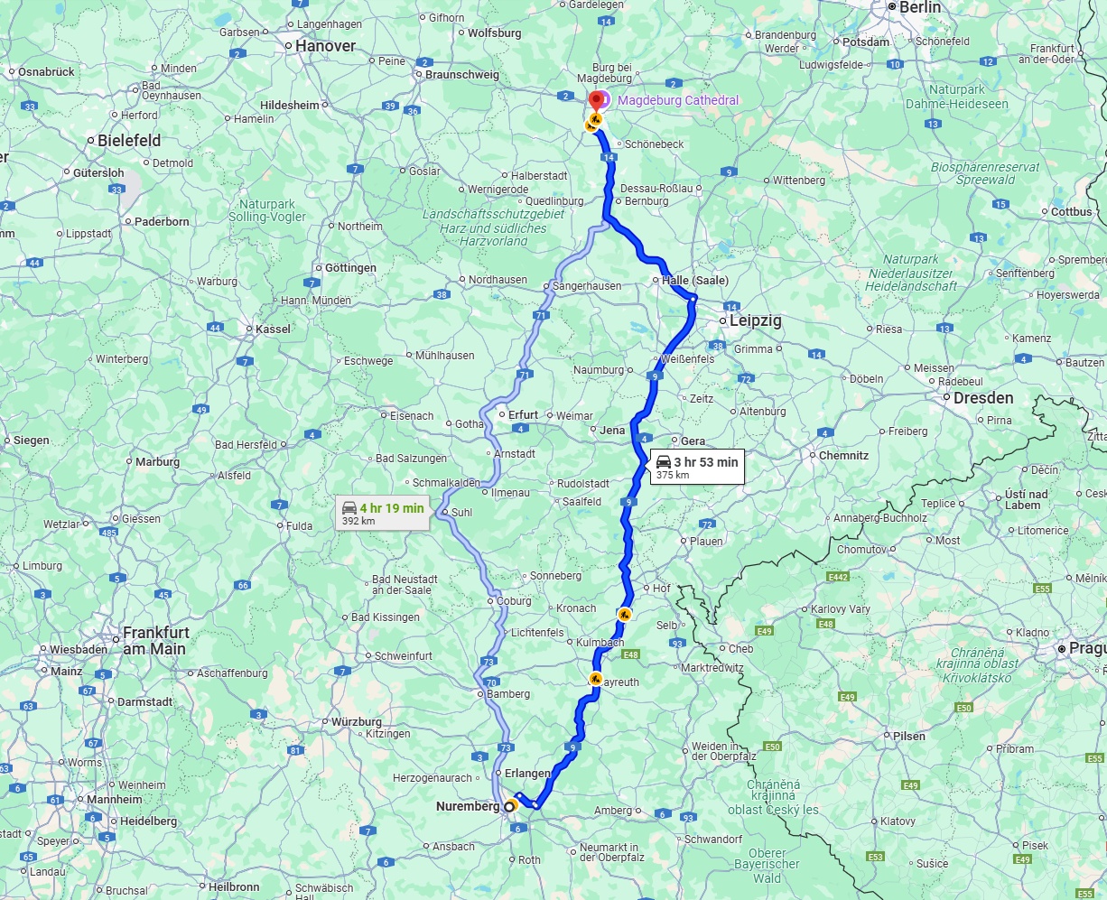 Anreise von Nürnberg Zu Magdeburg Über via A9 and A14