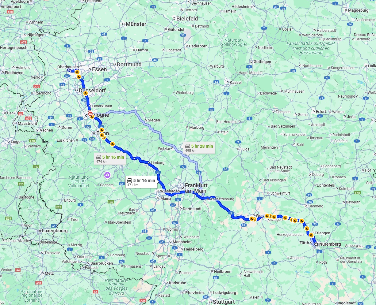 Anreise von Nürnberg Zu Moers Über via A3