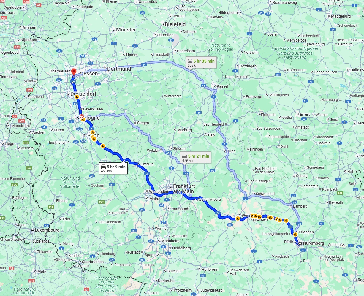Anreise von Nürnberg Zu Mülheim an der Ruhr Über via A3