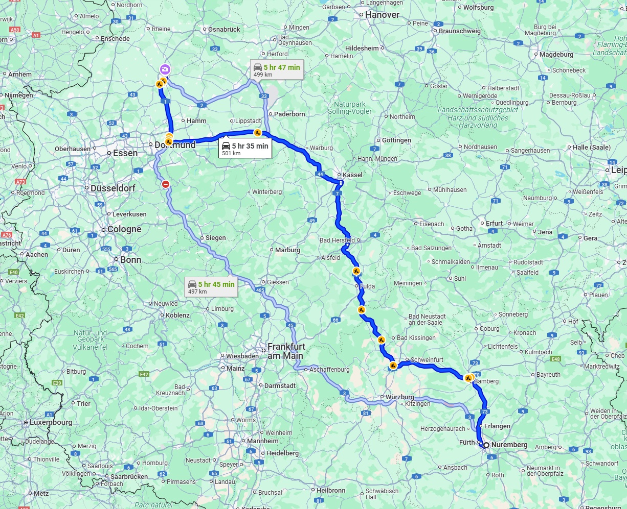 Anreise von Nürnberg Zu Münster Über via A7 and A44