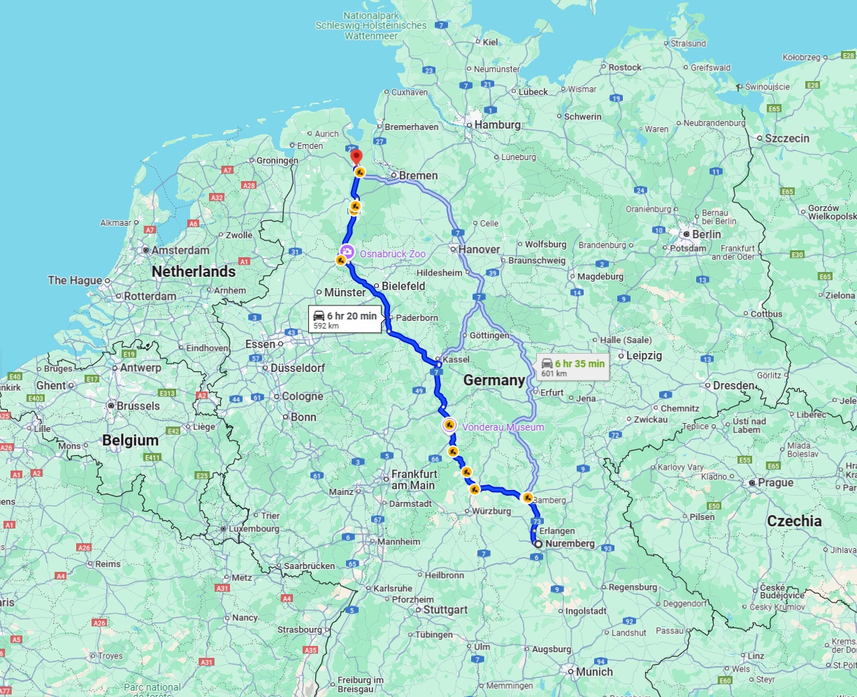 Anreise von Nürnberg Zu Oldenburg Über via A7
