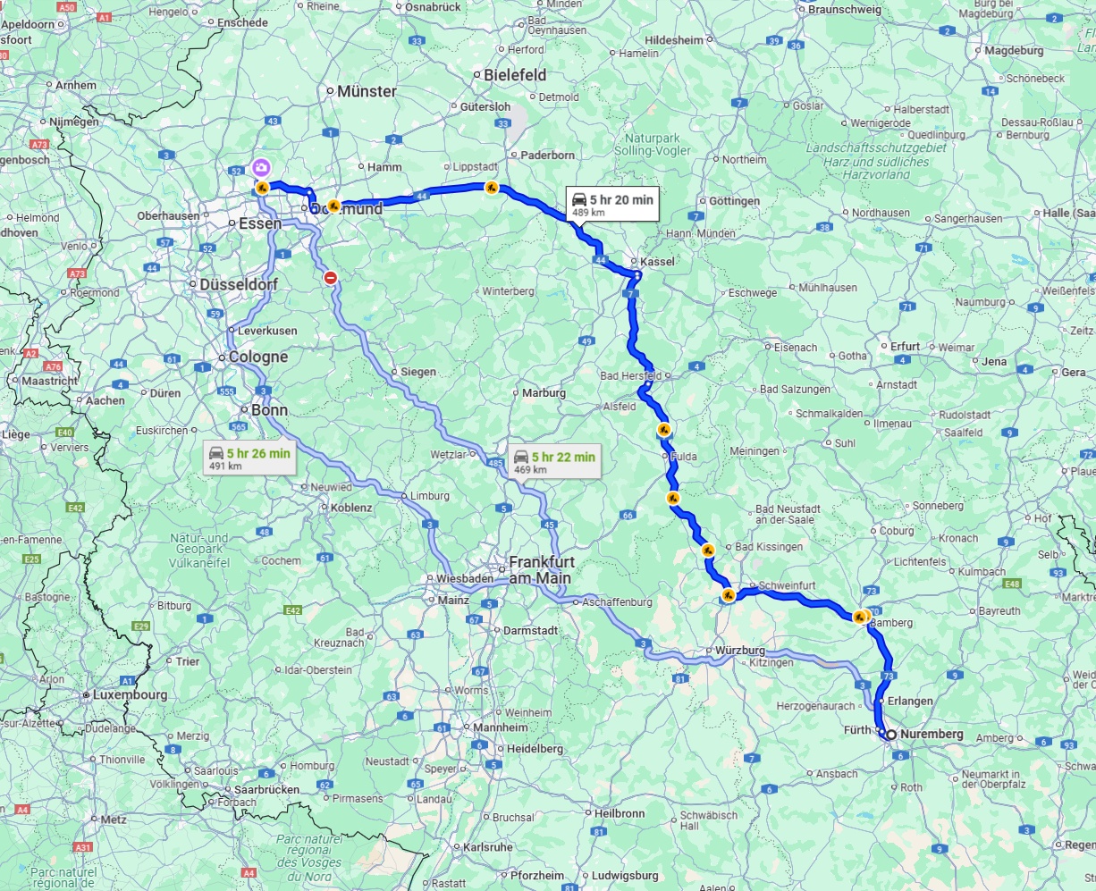 Anreise von Nürnberg Zu Recklinghausen Über via A7 and A44