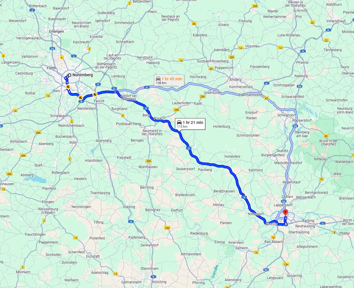 Anreise von Nürnberg Zu Regensburg Über via A3