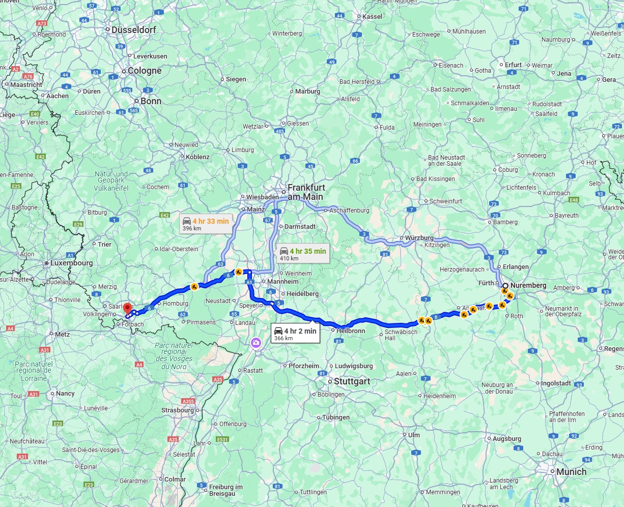 Anreise von Nürnberg Zu Saarbrücken Über via A6