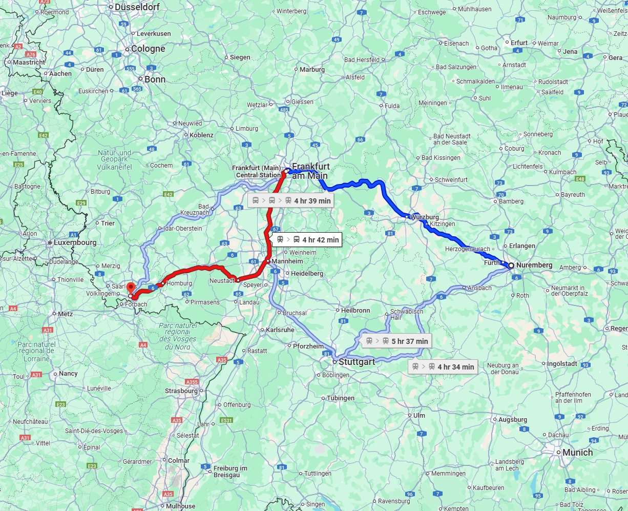 Anreise von Nürnberg Zu Saarbrücken Über 