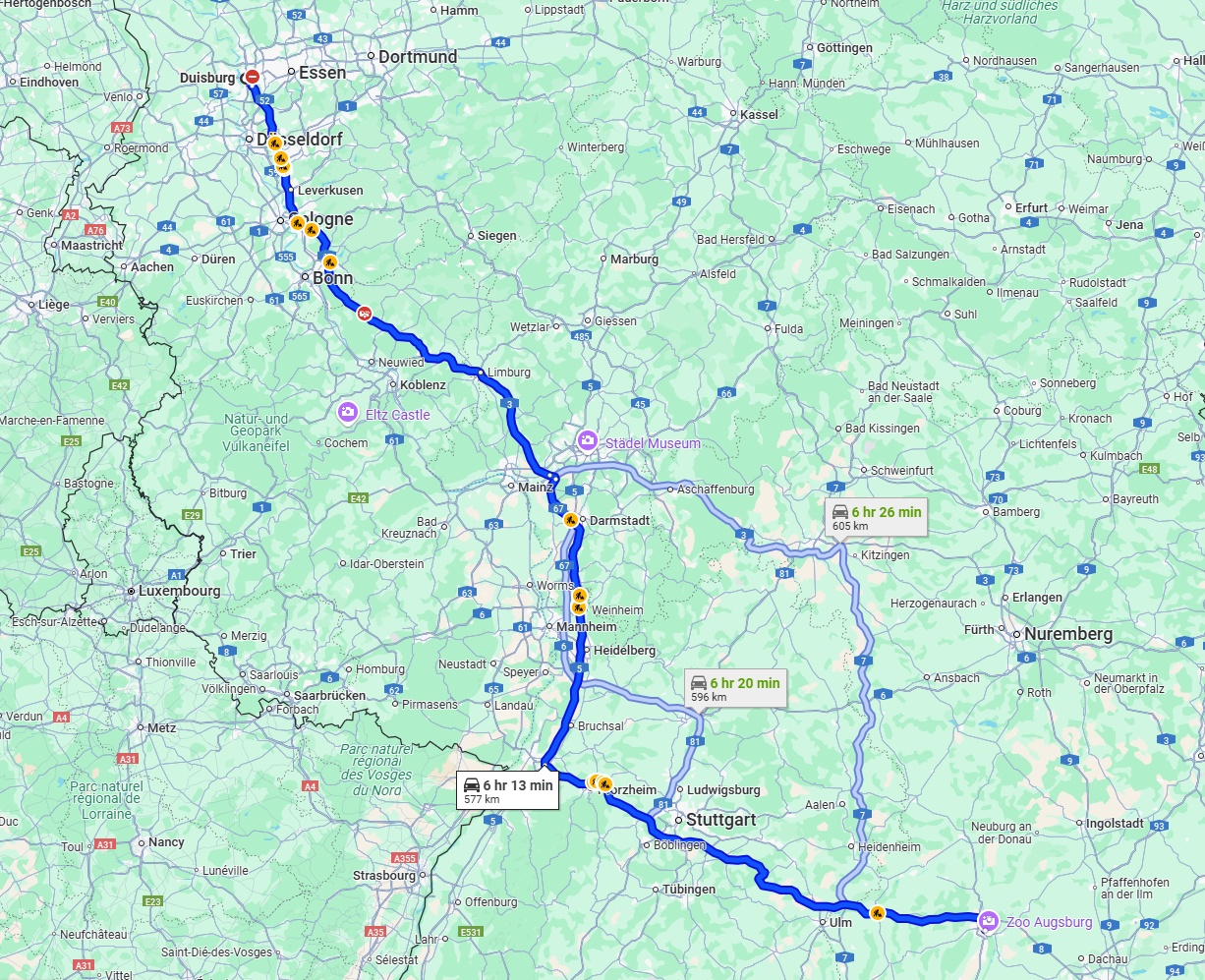Anreise von Duisburg Zu Augsburg Über via A3 and A8