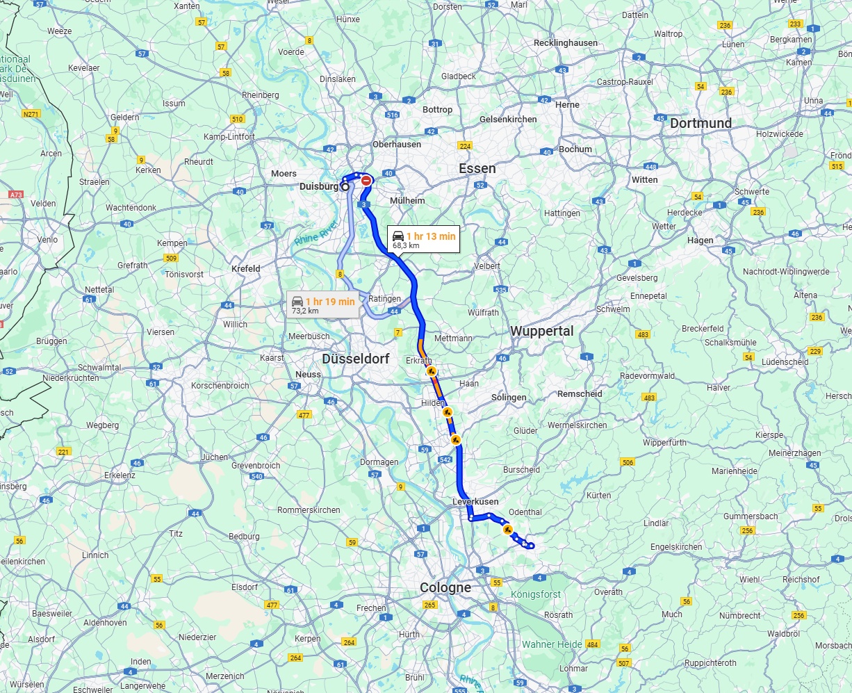 Anreise von Duisburg Zu Bergisch Gladbach Über via A3