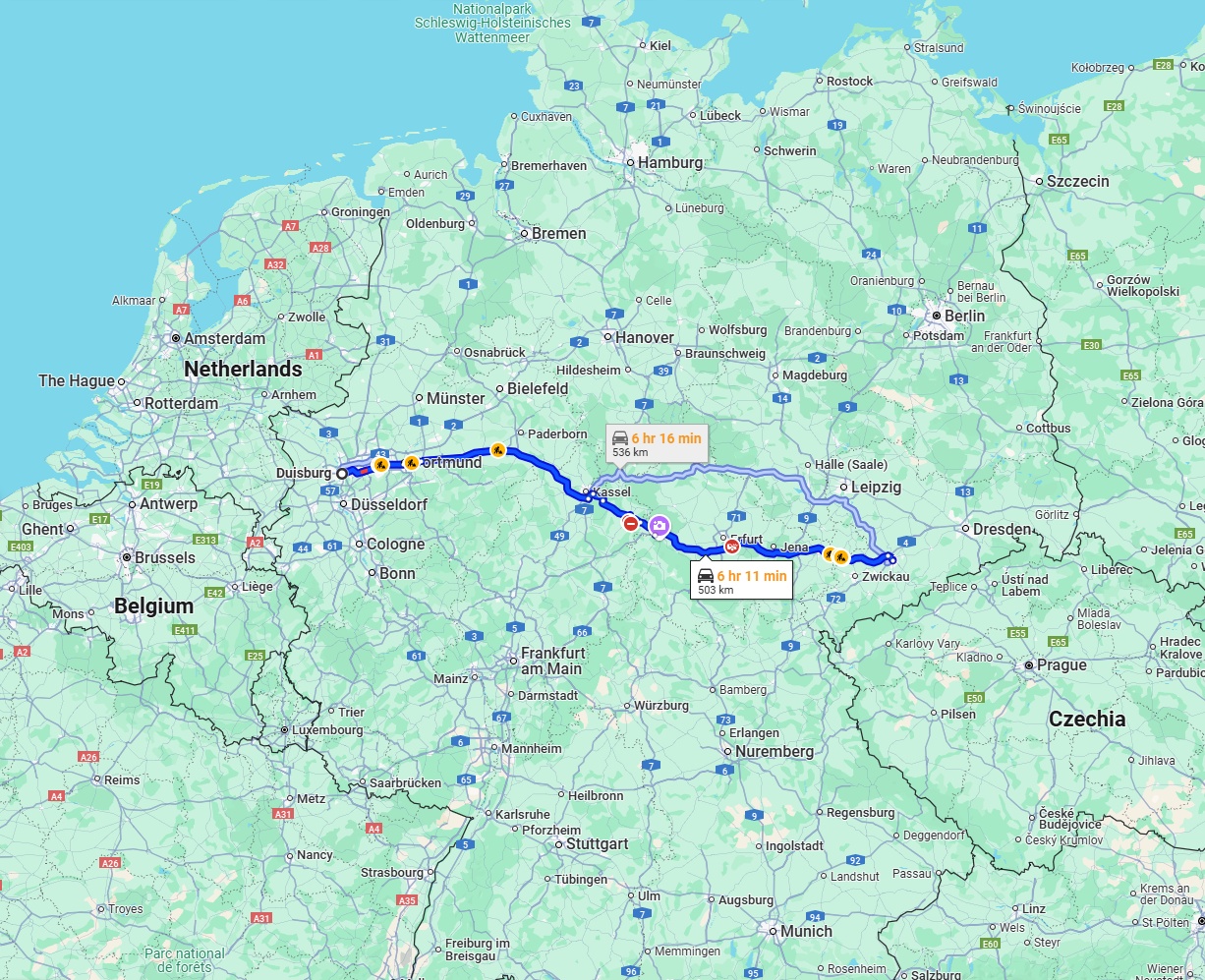 Anreise von Duisburg Zu Chemnitz Über via A44 and A4