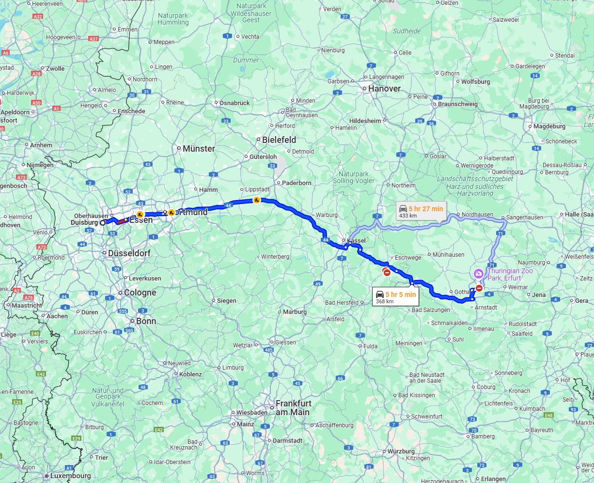 Anreise von Duisburg Zu Erfurt Über via A44