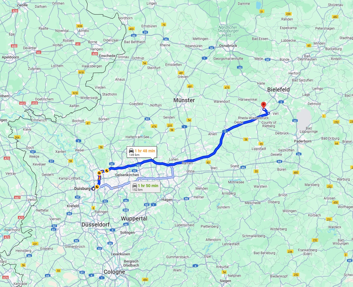 Anreise von Duisburg Zu Gütersloh Über via A2