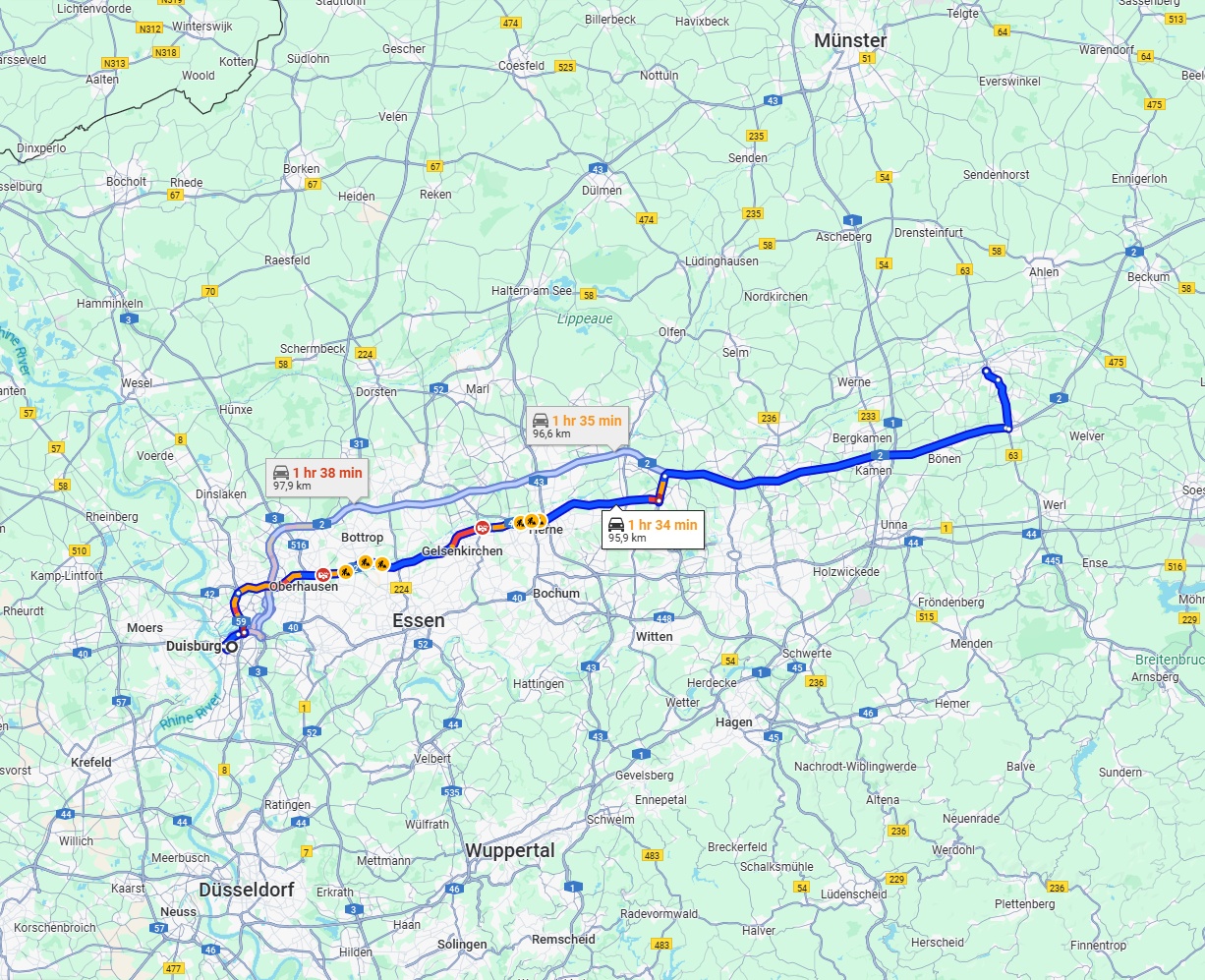 Anreise von Duisburg Zu Hamm Über via A42 and A2