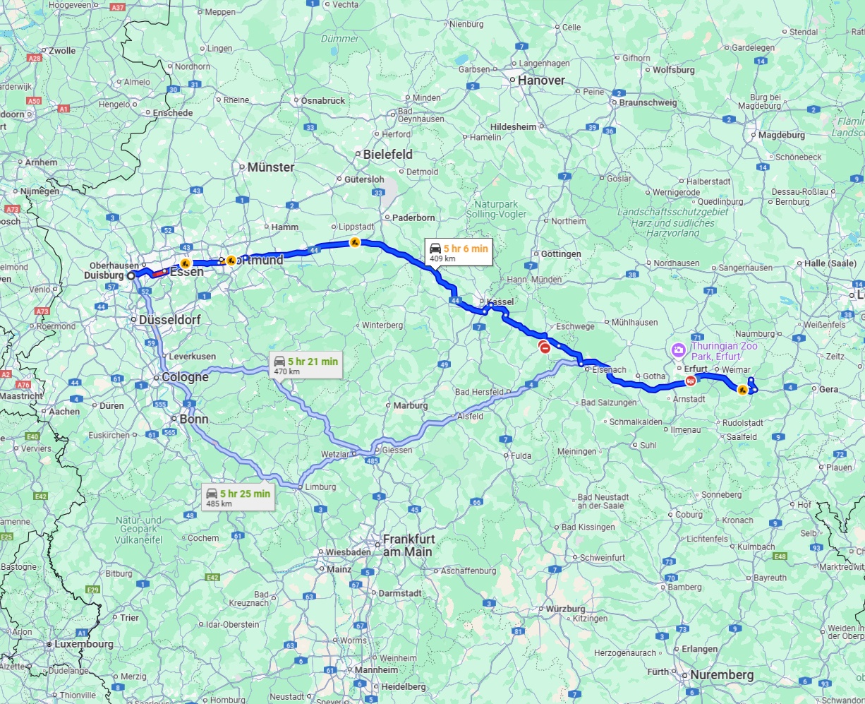 Anreise von Duisburg Zu Jena Über via A44 and A4