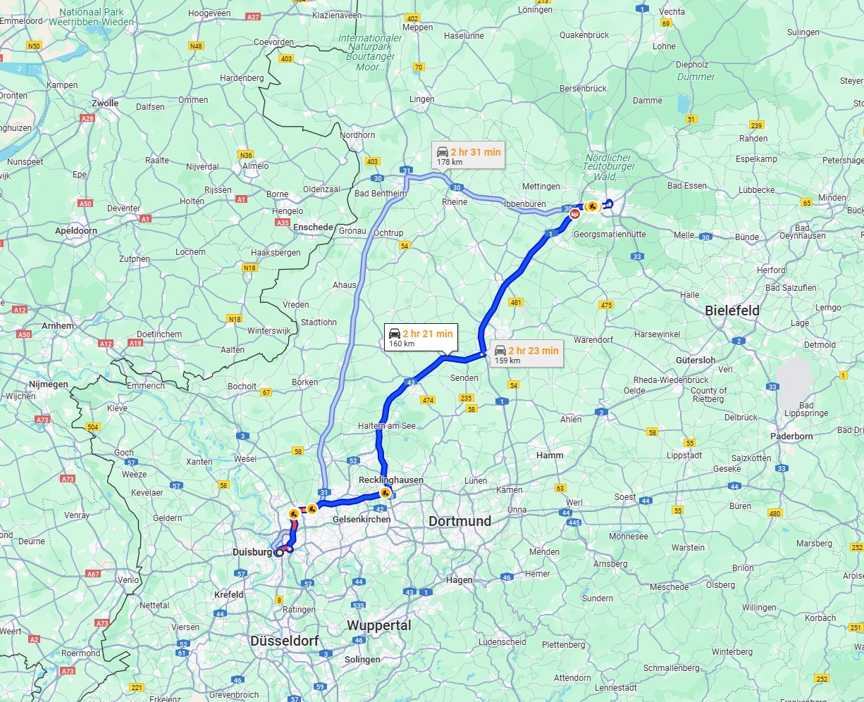 Anreise von Duisburg Zu Osnabrück Über via A43 and A1