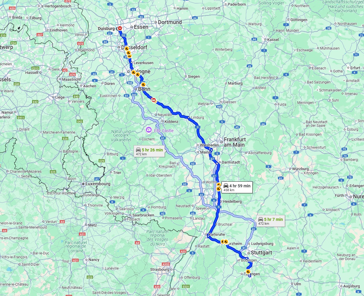 Anreise von Duisburg Zu Reutlingen Über via A3