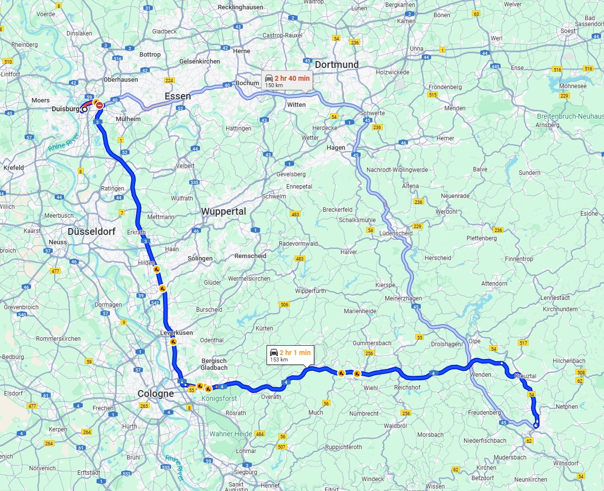 Anreise von Duisburg Zu Siegen Über via A3 and A4