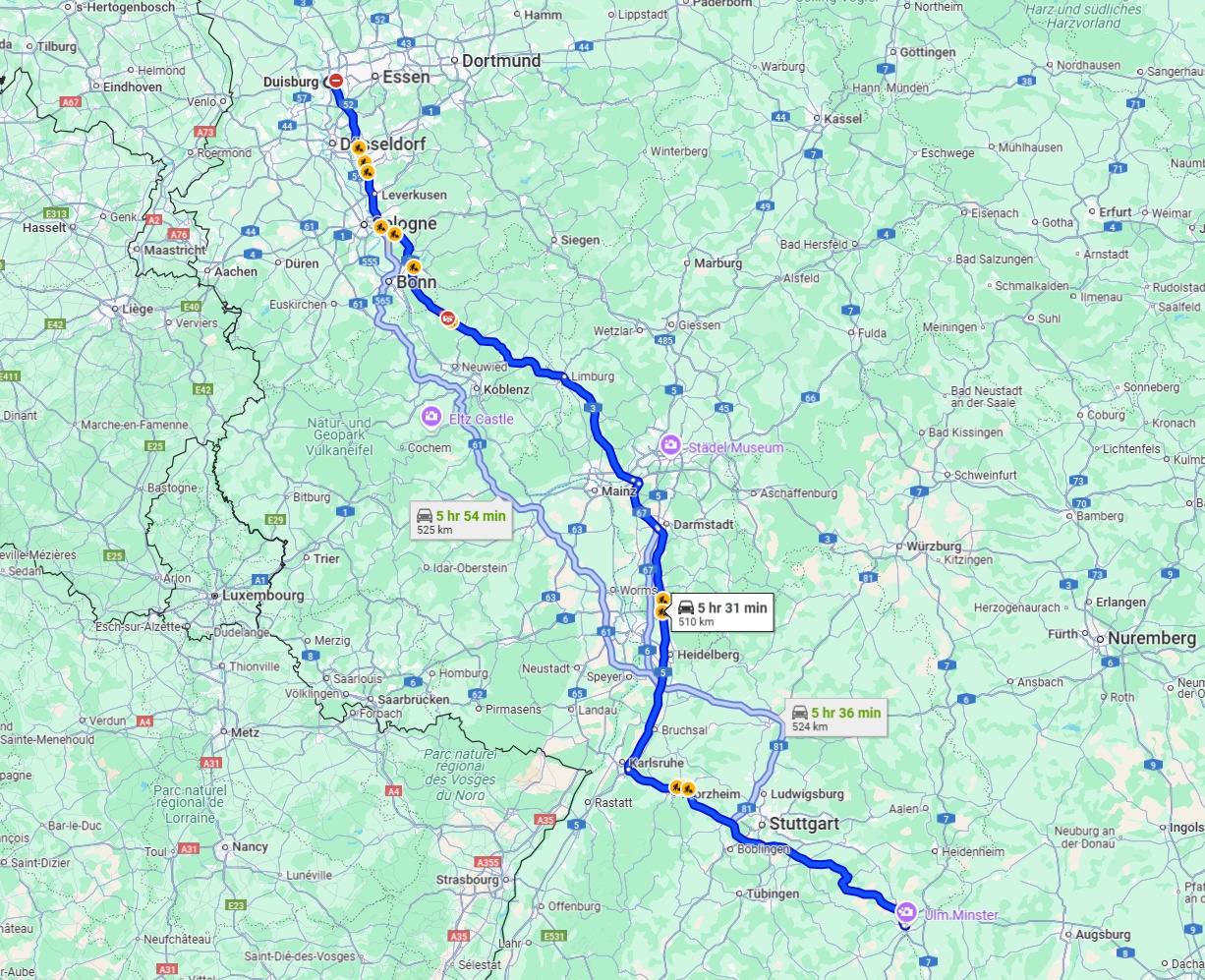 Anreise von Duisburg Zu Ulm Über via A3 and A8