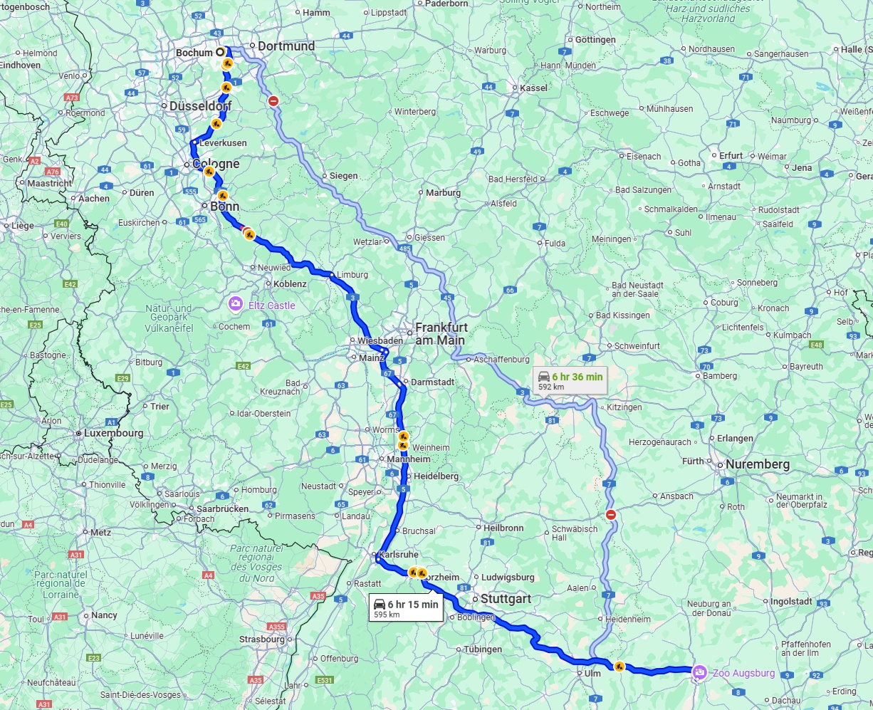 Anreise von Bochum Zu Augsburg Über via A3 and A8