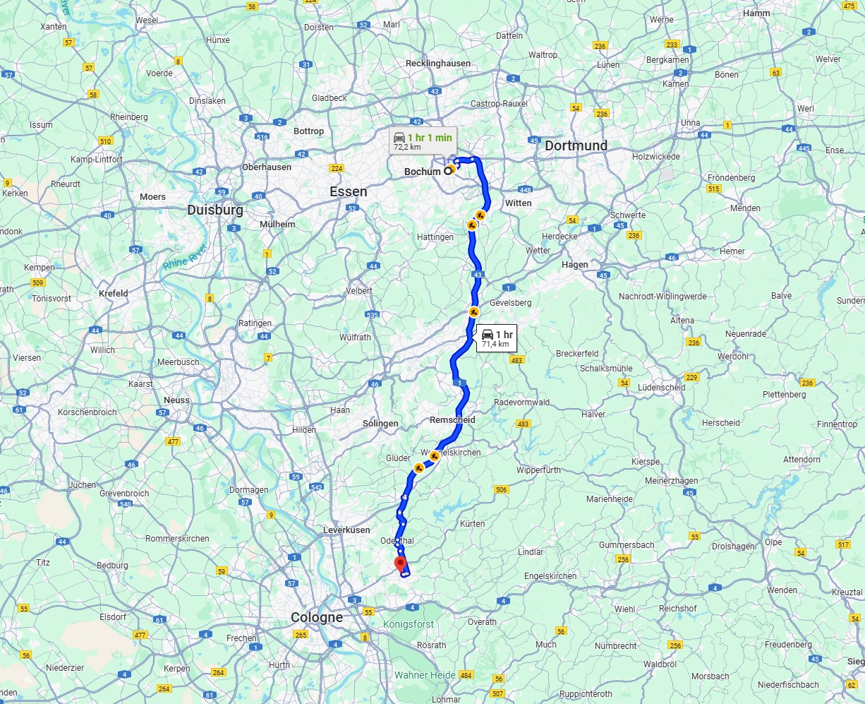 Anreise von Bochum Zu Bergisch Gladbach Über via A43 and A1