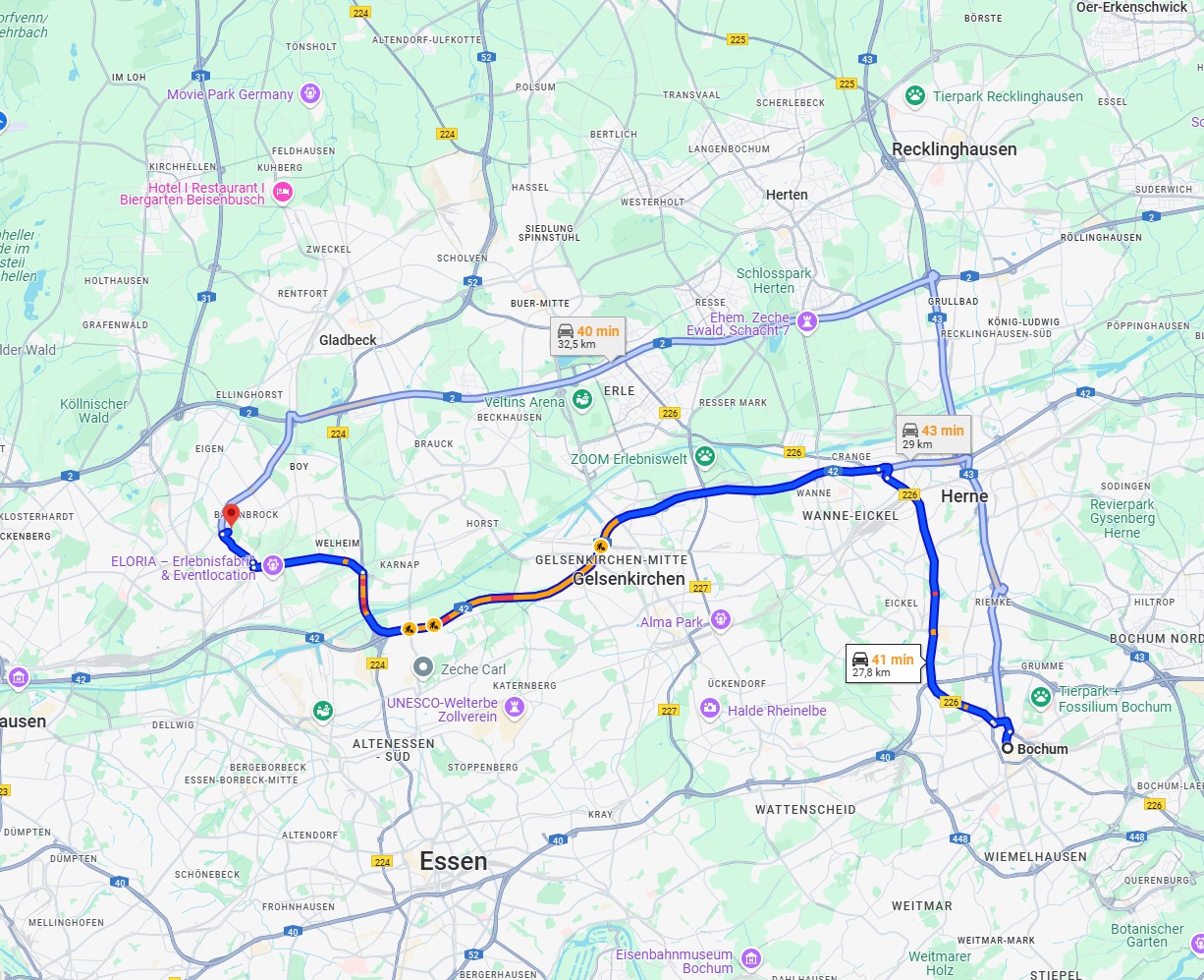 Anreise von Bochum Zu Bottrop Über via B226 and A42
