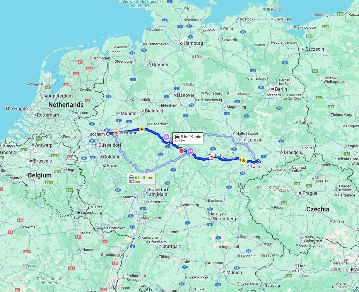 Anreise von Bochum Zu Chemnitz Über via A44 and A4