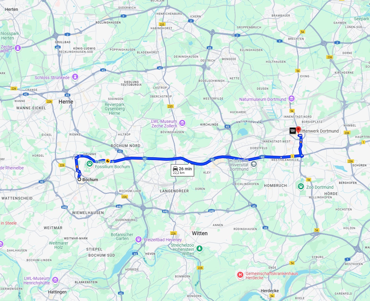Anreise von Bochum Zu Dortmund Über via A40