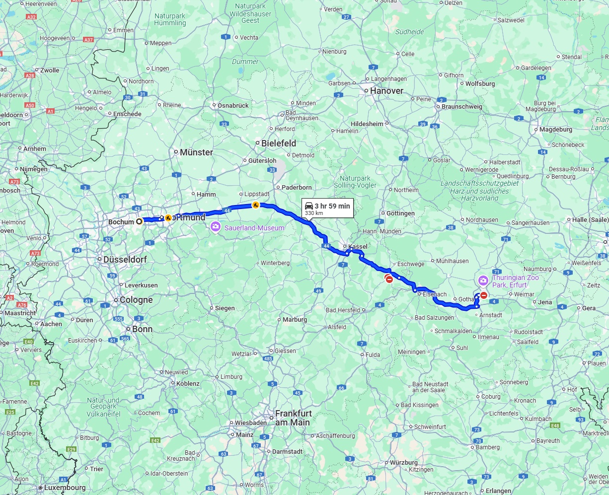 Anreise von Bochum Zu Erfurt Über via A44