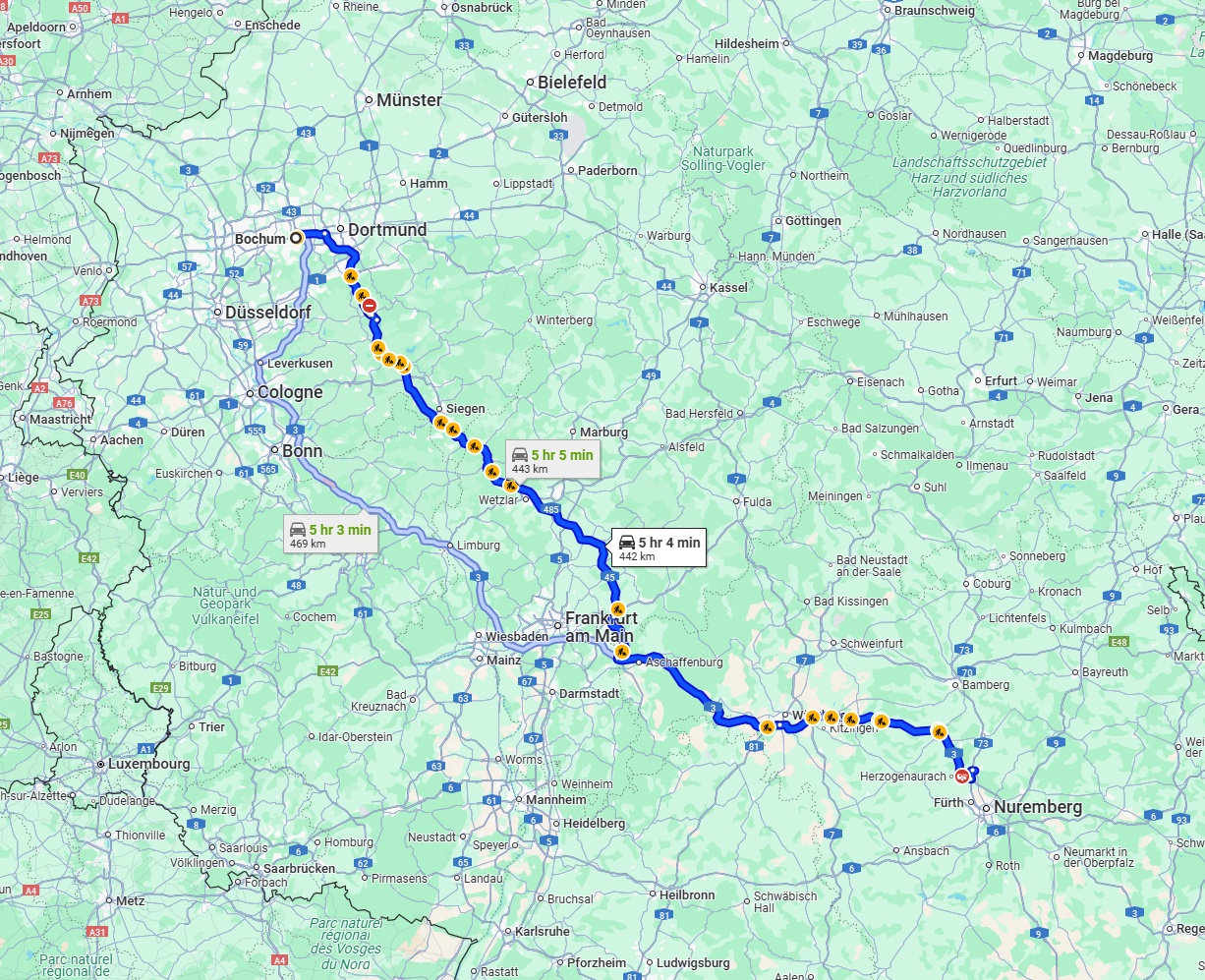 Anreise von Bochum Zu Erlangen Über via A45 and A3