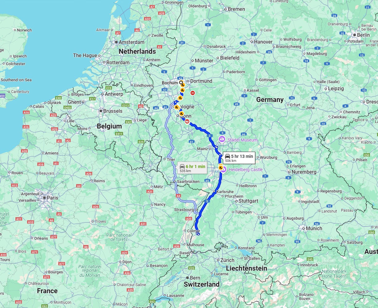 Anreise von Bochum Zu Freiburg im Breisgau Über via A3 and A5